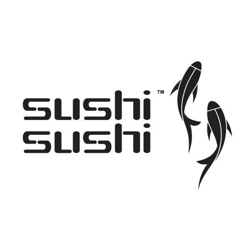 Sushi Sushi logo black and white includes 2 koy fish