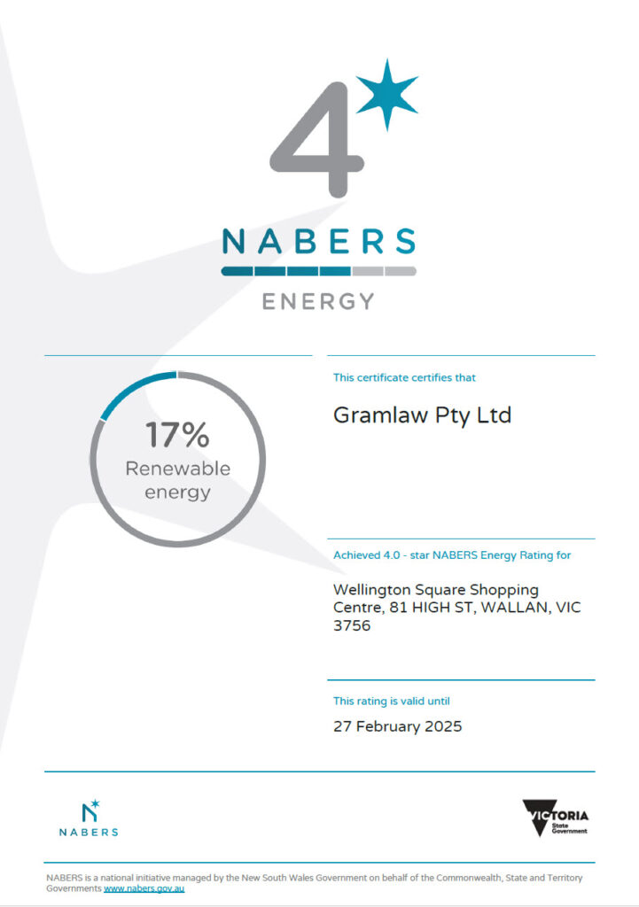 NABERS certificate for Wellington Square shopping centre with 4 star energy rating