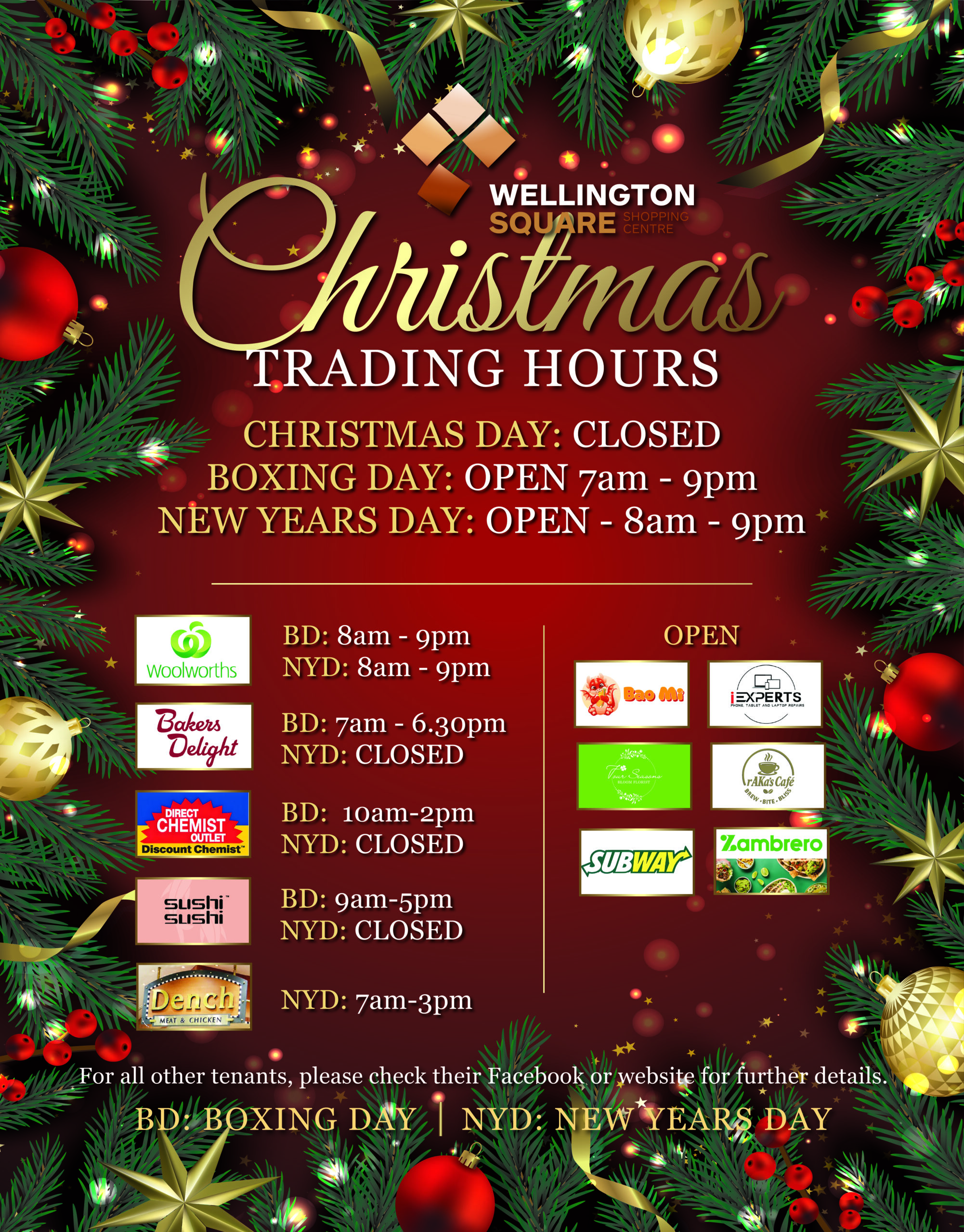 Wellington Square Christmas trading hours 2025