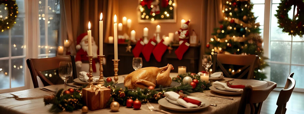 Christmas table with fireplace in the background