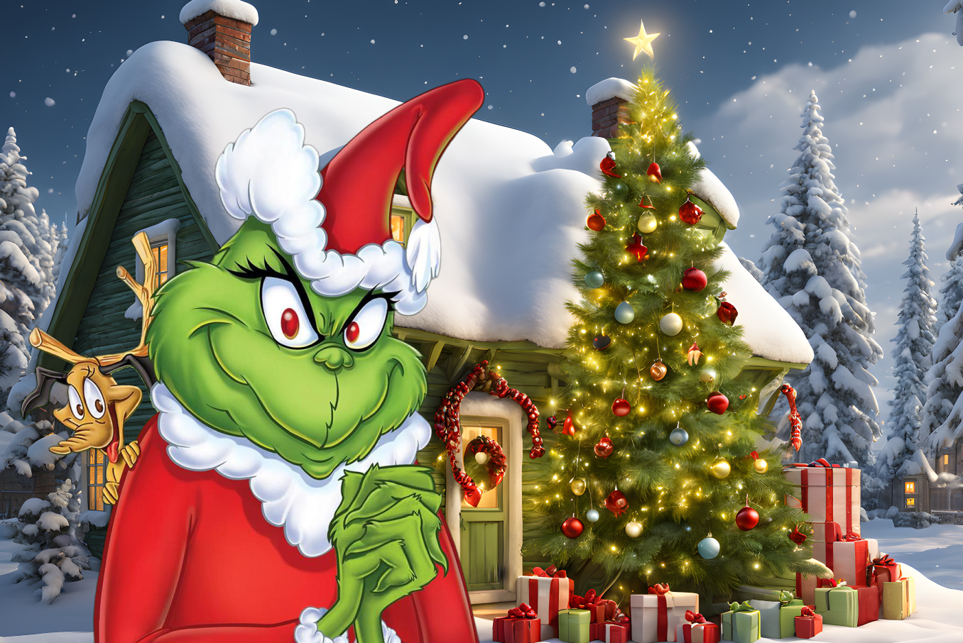 Image of the Grinch and a Christmas decorated house in the snow.