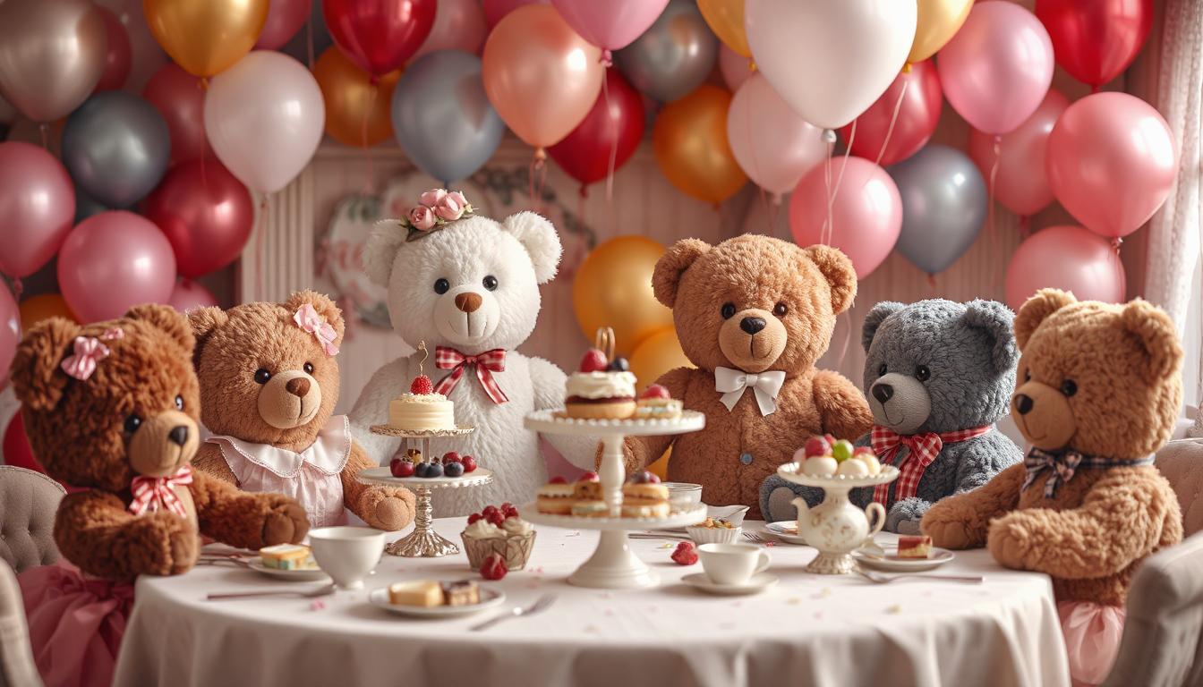 Image of Teddy bears sitting around a table with balloons in the background.
