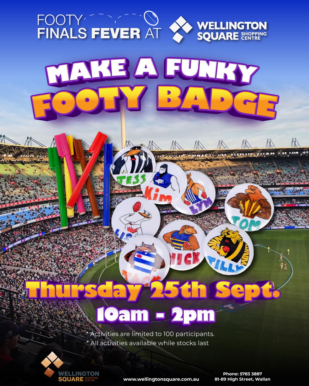 image of made footy badges with MCG in background