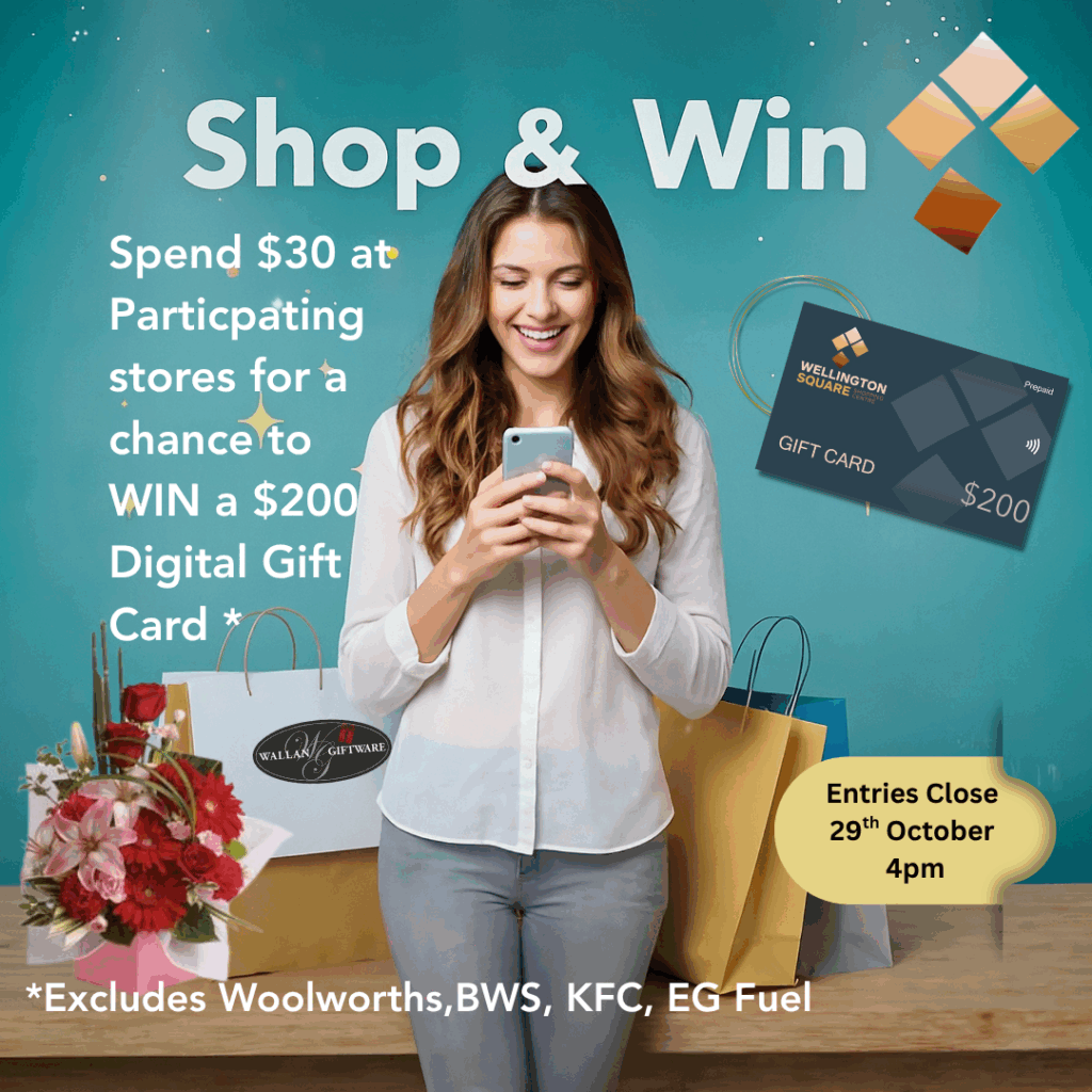 Image of a woman looking at a mobile phone with shopping bags around her