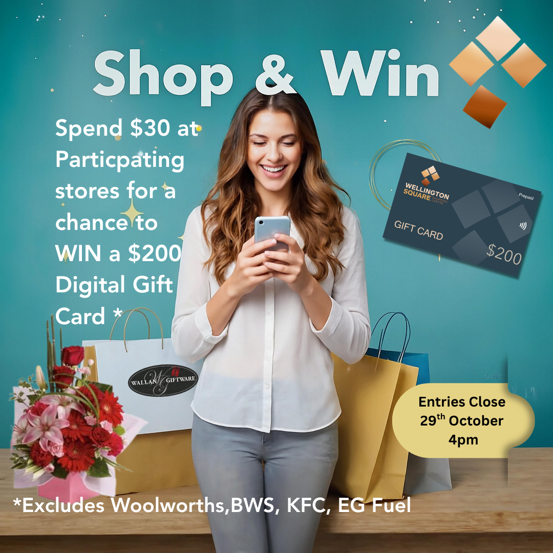Image of a woman looking at a mobile phone with shopping bags around her