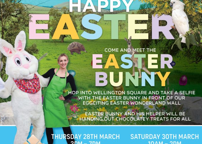 Advertisement with Easter bunny and helper